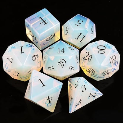 Haxtec Opal Dice Gemstone Polyhedral DND Dice Set with Premium Dice Case Compatible with Dungeons and Dragons Role Playing Board Games D&D Gift - color: White Black-opal