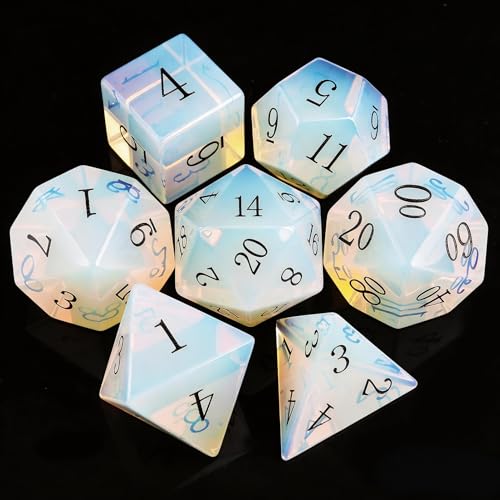Haxtec Opal Dice Gemstone Polyhedral DND Dice Set with Premium Dice Case Compatible with Dungeons and Dragons Role Playing Board Games D&D Gift - color: White Black-opal