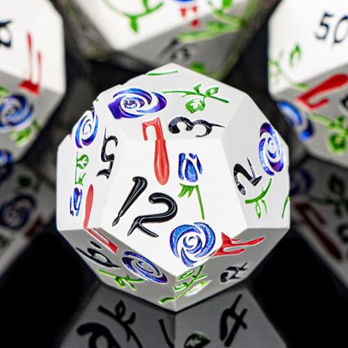 Gothic DND Dice Set Bleeding Rose Metal D and D Dice for use with Dungeons Dragons D&D Role Playing Game, Blue Purple RPG Polyhedral Dice Set D20 D12 D10 D8 D6 D4 - color: Purplish Blue&silver&black Numbers