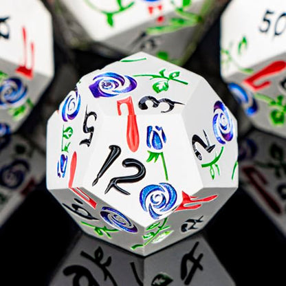 Gothic DND Dice Set Bleeding Rose Metal D and D Dice for use with Dungeons Dragons D&D Role Playing Game, Blue Purple RPG Polyhedral Dice Set D20 D12 D10 D8 D6 D4 - color: Purplish Blue&silver&black Numbers