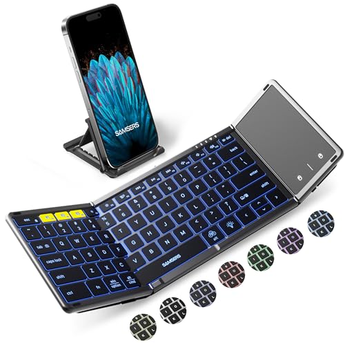 Samsers Foldable Bluetooth Keyboard with Touchpad, Full-Size Wireless Folding Keyboard with Backlight, Portable Travel Keyboards for iOS Android Windows Mac OS, Support 3 Device(BT5.1 x 3), Gray - color: Gray