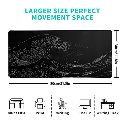 Brecoy Japanese Sea Wave Large Mouse Pad, Anime Black Gaming, Extended Kanagawa Mat Desk Pad, 3mm Thick Long Non-Slip Rubber Base Mice Pad, 31.5 X 11.8 Inch - color: Black Wave of Kanagawa