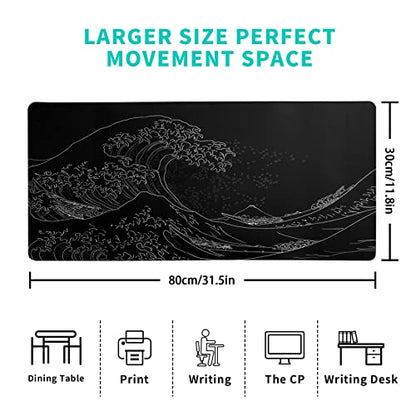 Brecoy Japanese Sea Wave Large Mouse Pad, Anime Black Gaming, Extended Kanagawa Mat Desk Pad, 3mm Thick Long Non-Slip Rubber Base Mice Pad, 31.5 X 11.8 Inch - color: Black Wave of Kanagawa