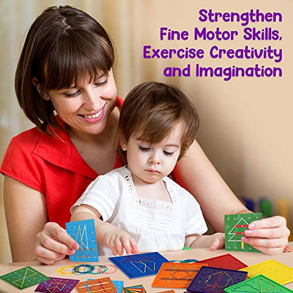 6 Pack Double-Sided Geoboard Math Preschool Classroom Manipulative for Kids | Geo Board Set with Rubber Bands and 15 Pattern Cards for STEM Shapes, Classroom Must Haves, Fine Motor Games for Kids Party