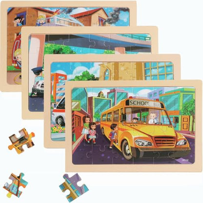 Puzzles for Kids Ages 4-6, 4 Packs 24 Piece Wooden Jigsaw Puzzle for Toddlers 5-8, Preschool Educational Puzzle Boards Toys Gifts for 4 5 6 7 8 Girls Boys - color: School Bus