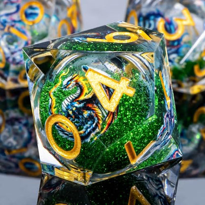 Roycevon Dragon Pattern Liquid Core DND Dice Set, 7Pcs Sharp Edge D&D Dice with Gift Box, Green Resin Dungeons Dragons D and D Role Playing Dice D20 D12 D10 D8 D6 D4 - color: Green Gold