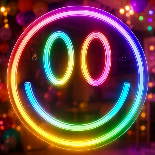 RGB Smiley Neon Sign, USB Powered 20+ Dynamic Modes Color Changing LED Neon Light for Wall Decor, Perfect for Bedroom Gaming Room Party Birthday Celebration Present for Teens Girls