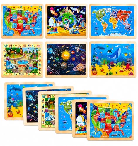 Wooden Puzzles for Toddlers 3-5,6 in 1 Jigsaw Wooden Solar System Puzzles for Ages 4-6,Preschool Educational Brain Toys Birthday Gifts for Boys and Girls 2 4 3 5 Year Old（World Map） - style: World Map