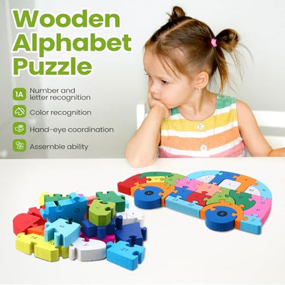 Yunsailing 4 Pcs Wooden Animal Puzzles for Kids, Double Sided Snake Jigsaw with Alphabet & Numbers for Preschool Toddler Learning Educational Activities(Transportation) - style: Transportation