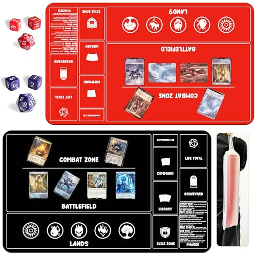 Card Game Playmats MTG Playmat for Beginner 2 Pack with Dices, Magic Mat Commander Deck Card Playmat for TCG MTG Accessories Play Mat 24x14 Inches Duel Card Battles, Black/Red - color: Black+red