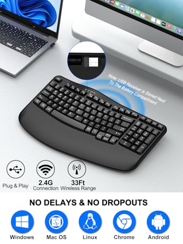 EDJO Wireless Ergonomic Keyboard with Wrist Rest, Wave Keys | Comfortable Natural Typing, Multimedia Hotkeys,2.4GHz,For Large Hands,Windows, Mac, Laptop, PC