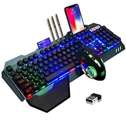 Wireless Gaming Keyboard and Mouse,Rainbow Backlit Rechargeable Keyboard Mouse with 3800mAh Battery Metal Panel,Removable Hand Rest Mechanical Feel Keyboard and 7 Color Gaming Mute Mice for PC Gamers - color: Black Rainbow