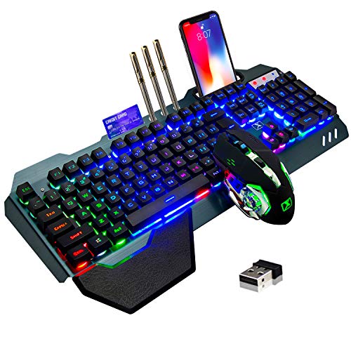 Wireless Gaming Keyboard and Mouse,Rainbow Backlit Rechargeable Keyboard Mouse with 3800mAh Battery Metal Panel,Removable Hand Rest Mechanical Feel Keyboard and 7 Color Gaming Mute Mice for PC Gamers - color: Black Rainbow