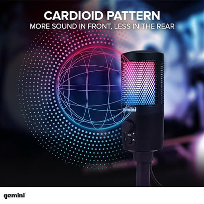 Gemini Sound GSM100USB PC Computer USB Condenser Microphone with RGB LED Lights Headphone Jack Volume and Background Noise Reduction Controls for Live Streaming Podcasting Chat Gaming Twitch Zoom