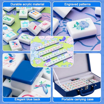 Soulchen 1.2in American Mahjong Tiles Set with Noise Reducing Mat 168 Acrylic Engraved Mahjong Game Tiles with Portable Storage Bags and 4 Dice for Adults Family Friends Collection Travel Game(Blue) - color: Blue