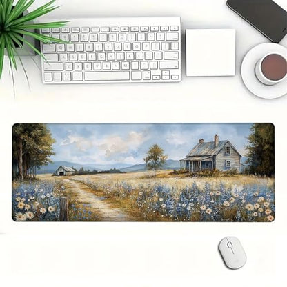 Farmhouse Extended Mouse Pad Wildflower Retro Grassland Blue Sky Mousepad XL Large Gaming Mouse Pad Laptop Keyboard Mat Desk Pad Daily Use with Keyboard and Laptop Devices 31.5x11.8 Inch - color: Farmhouse, size: 31.5L x 11.8W inches