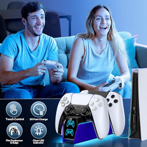 Controller Charger Station Compatible with Play 5 Faceplates Edge & Dual Controller, 9 Lightings P 5 Accessories Charging Station, P 5 Dock Stand with LED Indicator & On-Off Switch, Cobalt Blue for PlayStation Consoles - color: Cobalt Blue