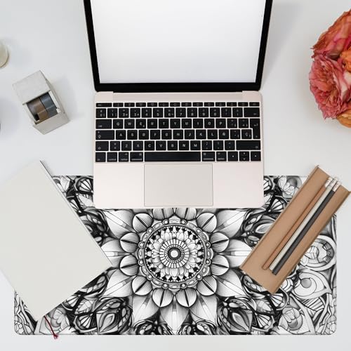 Large Gaming Mouse Pad for Desk, Black and White Mandala Desk Mat, Mandala Flower Desk Pad, 31.5"x15.7" Extended Big Computer Keyboard Mouse Pad with Non-Slip Base and Stitched Edge - color: Black and White Mandala