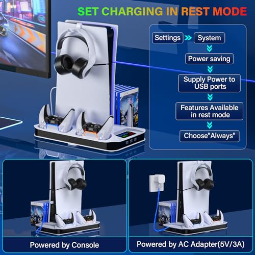 PS5/Slim/Pro Cooling Station with Controller Charging Station for Playstation Console Playstation 5 Slim&Standard Disc/Digital Console, PS5 Pro Stand Cooler Accessories Incl Cooling Fan/3 USB Hubs - color: White