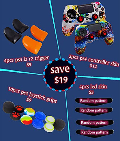 Silicone Skin for Ps4 Controller, 2pcs Anti-Slip Shell Cover Case with 10 Joystick Grips, 2 Pairs L2 R2, 4pcs Led Light Bar Skin for Playsation 4/ Slim/Pro Dualshock 4 Controller Wireless Gamepad - color: PS4 controller #4