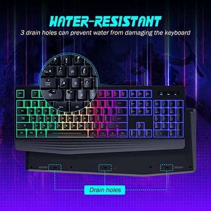 yesbeaut Gaming Keyboard, 7-Color Rainbow LED Backlit, 104 Keys Quiet Light Up Keyboard, Wrist Rest, Whisper Silent, Anti-ghosting Multimedia Keys, Waterproof USB Wired Keyboard for PC Mac Xbox - color: black