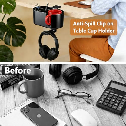 MYITYARD 4 in 1 Desk Cup Holder, Clamp On Drink Holder with Headphone Hanger, Anti-Spill Clip on Desk Organizer for Pen Phone Mug, Gaming Office Desk Accessories fits Most Desks - color: Black-2 with Headphone Hanger