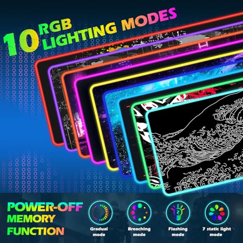 ToLuLu RGB Wireless Charging Gaming Mouse Pad, 7.5/10/15W 10 Light Modes LED Mouse Pad Computer Keyboard Mat Mousepad, 800x300x4MM Extended Large Desk Pad Mat, Japanese Kanagawa Sea Wave Black White - color: Japanese Kanagawa Sea Wave Black White