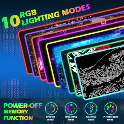 ToLuLu RGB Wireless Charging Gaming Mouse Pad, 7.5/10/15W 10 Light Modes LED Mouse Pad Computer Keyboard Mat Mousepad, 800x300x4MM Extended Large Desk Pad Mat, Japanese Kanagawa Sea Wave Black White - color: Japanese Kanagawa Sea Wave Black White