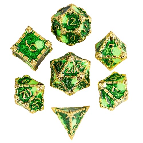 Cusdie 7Pcs Metal Dice with Metal Box, Dagger Design Polyhedral DND Dice Set, for Role Playing Game D&D Dice (Golden Green) - color: Dagger-golden Green
