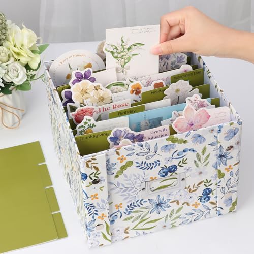 2 Pack Greeting Card Storage Box Collapsible Card Organizer with 16 Dividers and Sticker Greeting Card Keeper for Holiday Birthday Photos Recipes Envelopes Large Cards Crafts Scrapbooking