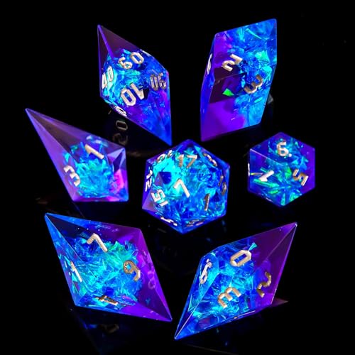 Sharp Edge DND Dice Set Flower Handmade 7 Accessories Dice for Dungeons and Dragons TTRPG Games, Multi-Sided RPG Polyhedral Resin Sharp Edge Dice Roleplaying Games（Blue Purple） - color: Blue Purple