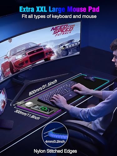 Mouse Pad with Magnetic Wireless Charging, Large Desk Pad Protector, RGB Black Mousepad Desk Mat with 15W Fast Charger, 4mm Thick Non-Slip, Waterproof Laptop Writing Pad for Office, Home, Gaming - color: Black Magnetic Charging 31.5x11.3"