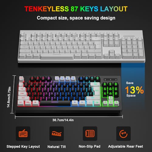 BlueFinger Wireless Gaming Keyboard and Mouse Combo, RGB Rainbow Backlit Rechargeable Battery, 87 Keys TKL Light Up Keyboard with Ergonomic Gaming Mouse for Mac Laptop Computer PC Gamer(White & Black) - color: White & Black