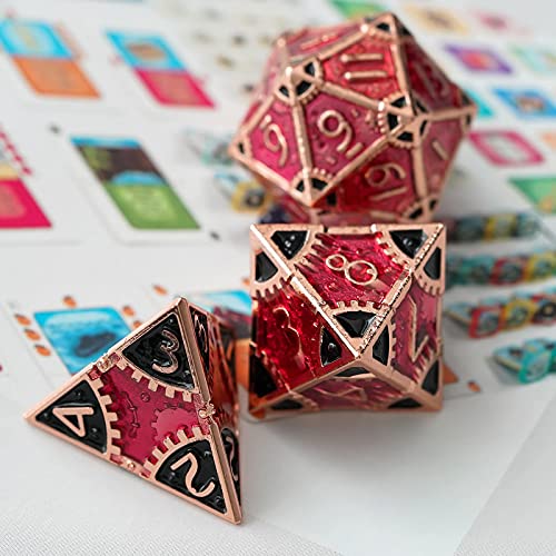 UDIXI Metal DND Dice Set 7PCS Polyhedral D&D Dice Set for Role Playing Game | 7PCS, Red, Steampunk Gear Carved, Solid Metal, Metal Gift Box, DM Gift, for Dungeons and Dragons RPG Tabletop Games - color: Gear-red Copper
