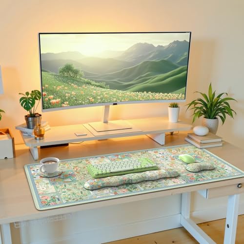 iLeadon Mouse Pad and Keyboard Wrist Rest, Large Computer Desk Mat Set | Mouse Pad Set with Wrist Pad for Keyboard, Cute Green Desk Pad Mat with Non Slip Base Office Home(Floral) - color: Green