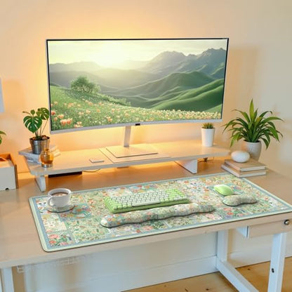 iLeadon Mouse Pad and Keyboard Wrist Rest, Large Computer Desk Mat Set | Mouse Pad Set with Wrist Pad for Keyboard, Cute Green Desk Pad Mat with Non Slip Base Office Home(Floral) - color: Green