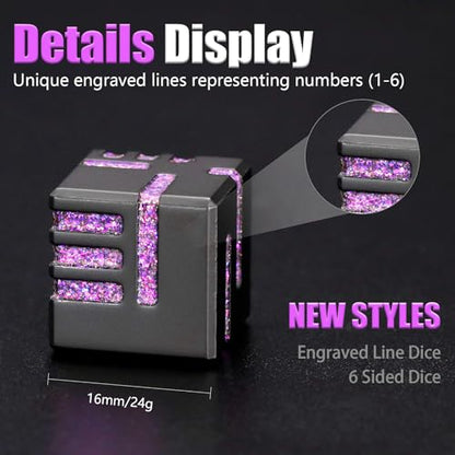 ZHOORQI D6 Metal Dice, 16mm 6 Sided Dice Set, 6Pcs/Set Tech-Themed New Concept Glittery Lines D6 Dice for DND, Tabletop RPGs Gifts（D6-Glitter Purple） - color: D6-glitter Purple