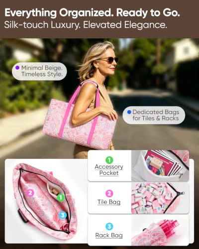 BALE ® Original American Mahjong Tile Set with Complete Game Accessories | 166 Pink Engraved 1.2" Mah Jongg Tiles, 4 Acrylic Racks Pushers,3Pcs Printed Majong Carrying Bags, Travel Family Friend Club - color: Printed Pink
