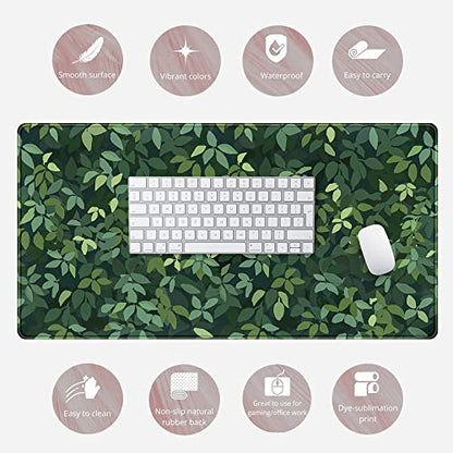 Cute Cat Desk Mat Kawaii Green Desk Pad - Large Gaming Mouse Pad Laptop Mat | Desk Pad Large Anime Gaming Mouse Pad for Desk Computer Office Keyboard Laptop 31.5x15.7 in - Non-Slip Base, Stitched Edges - color: Green Plants Black Cat