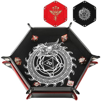 2 Pcs Portable Folding Dice Rolling Tray Set for RPG DND Table Games - PU Leather and Velvet Holder Storage Box - Dragon and Phoenix - color: Dragon and Phoenix