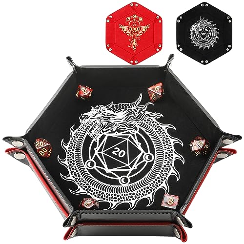 2 Pcs Portable Folding Dice Rolling Tray Set for RPG DND Table Games - PU Leather and Velvet Holder Storage Box - Dragon and Phoenix - color: Dragon and Phoenix