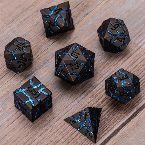 Cracked Rune Metal Dice Set for DND & RPG – Dark Fantasy Fractured Design, Premium Heavy Metal Polyhedral Dice with Deep Engraved Numbers, 7-Piece Set – Blue Arcane Vein - color: Pearl Gun Bright Blue