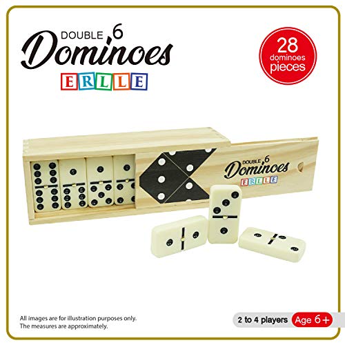 ERLLE - Dominoes Set, Premium Classic 28-Piece Double Six Domino Set with Wooden Case, Family & Kids Board Game, Mexican Train, Chicken Foot, and Classic Domino Games