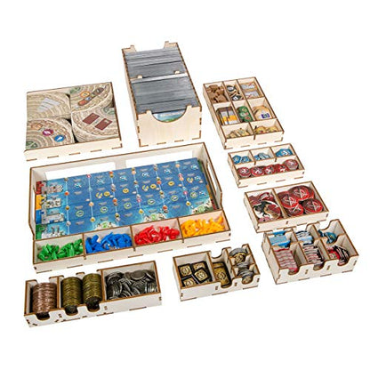 The Broken Token Game Organizer Compatible with 7 Wonders (1st Edition) and Expansions - Wooden Game Organizing Box with Multiple Trays and Dividers