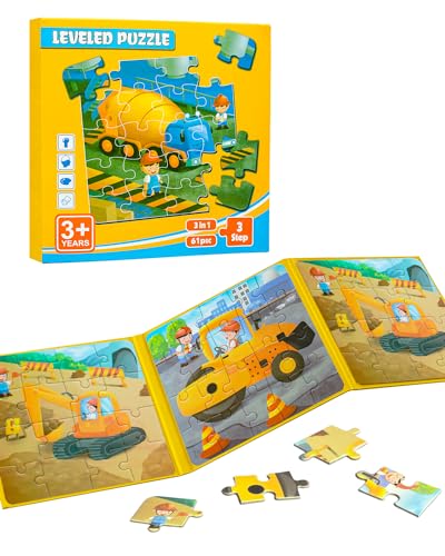 Magnetic Puzzles for Toddlers 3-5, 3 in 1 Travel Puzzles for Kids Ages 4-6, Excavator Truck Jigsaw Puzzle Book Road Trip Activities Toys for 3 4 5 6 Year Old Girls Birthday (Engineering) - style: Level 2 Construction Truck