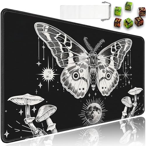 for MTG Playmat + Drawstring Travel Pouch + 6 Dice Counter, for Tabletop Trading Card Game Playmats or Mouse Pad, Anti-Slip Rubber 24 x 14 in, Moth Moon Black for TCG Playmat (No with Zone) - color: JV-Playmat-6-1-E140