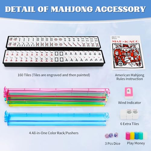 Jolitac American Mahjong Game Set, 166 Premium White Tiles, 4 All-in-One Color Rack/Pushers, Complete Mahjong Tiles Set with Blue Carrying Bag (Ma Jong, Mah-Jongg, Majiang)