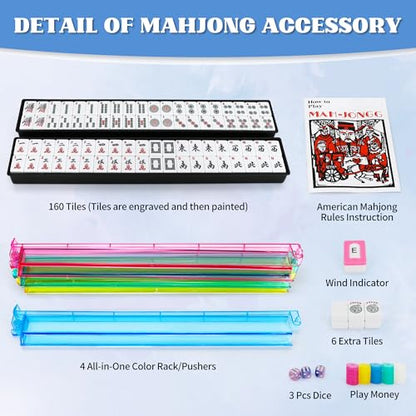 Jolitac American Mahjong Game Set, 166 Premium White Tiles, 4 All-in-One Color Rack/Pushers, Complete Mahjong Tiles Set with Blue Carrying Bag (Ma Jong, Mah-Jongg, Majiang)