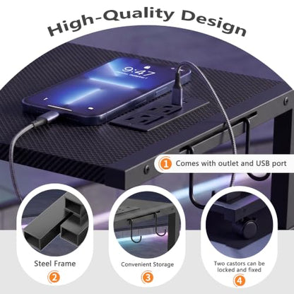 Computer Tower Stand with LED Light Strip, Mobile Rolling CPU Holder | Height Adjustable PC Tower Stand with Charging Station for Office/Home - Black Texture - color: Black Texture, size: 19.29'' × 11.42'