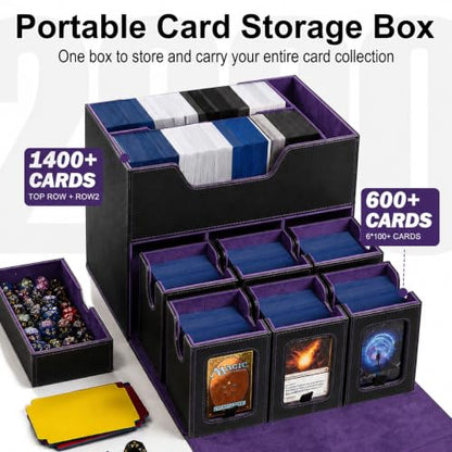 MTG Deck Box for Commander & TCG, Trading Card Storage Box with Handle | 7-in-1 Cards Deck Case with dual-sided windows, 2-layer design, 6 deck case, 1 dice tray, 6 magnetic holders & accessories - color: Super Large - Black Purple